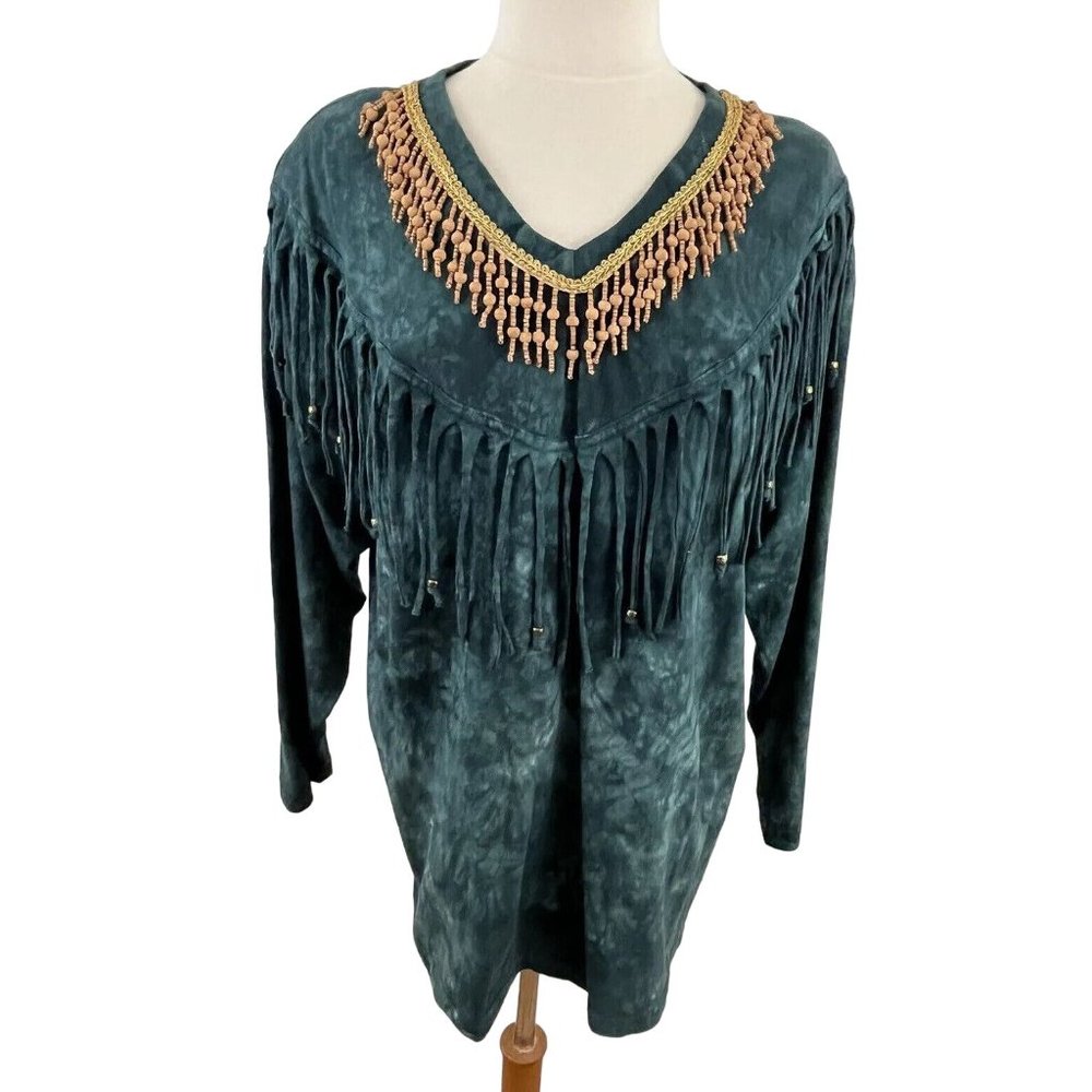 Vintage 90s Intrigue Women's OSFA Tie Dye Shirt Beaded Top Fabric Fringe